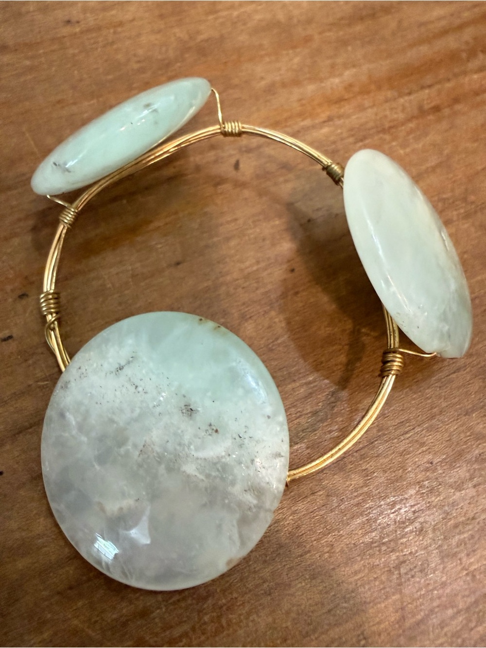 Artisan Pale Green Stone Wire Wrapped Gold Tone Statement Bracelet